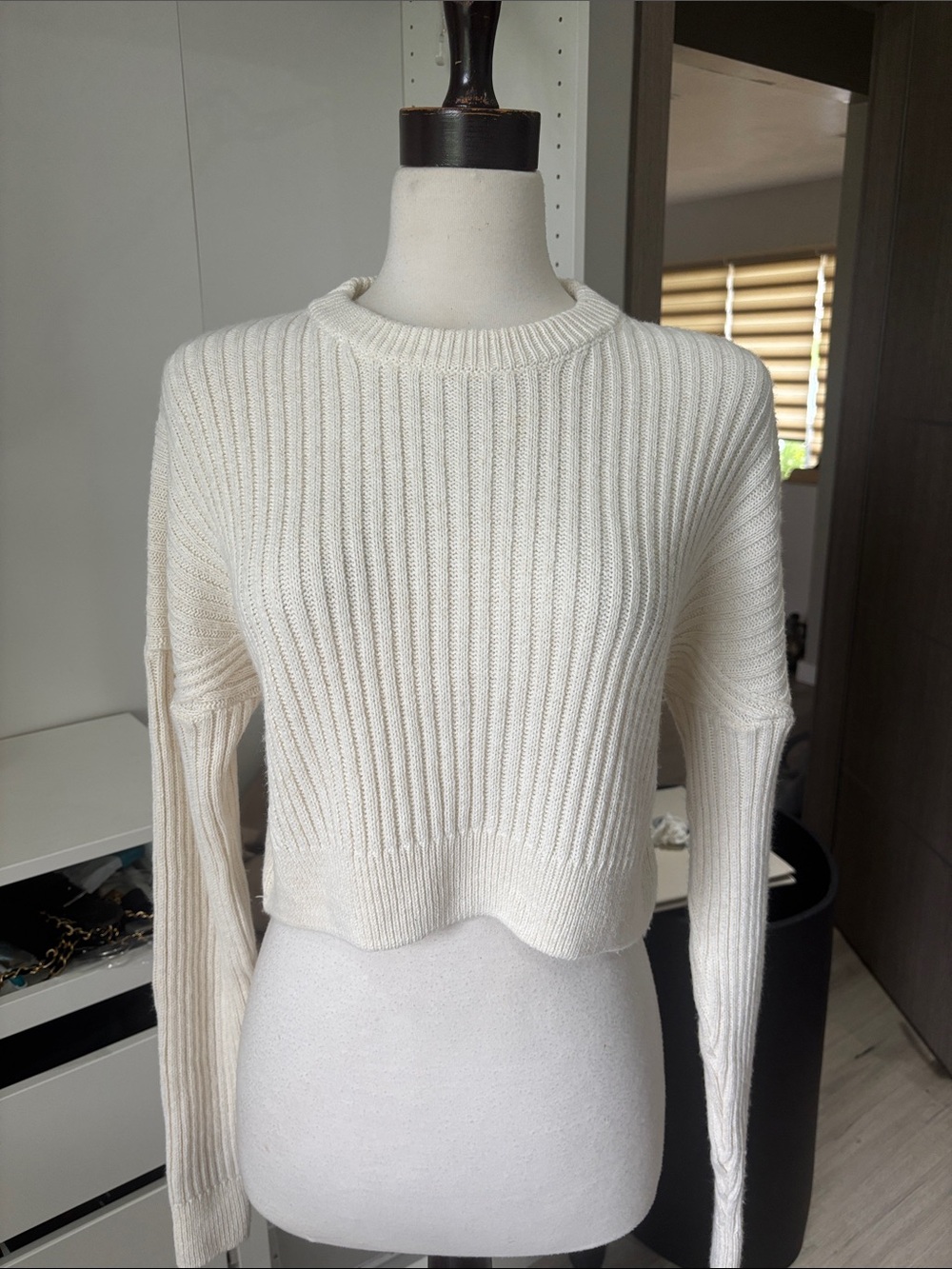 Urban Outfitters Cream Ribbed Cropped Crew Sweater